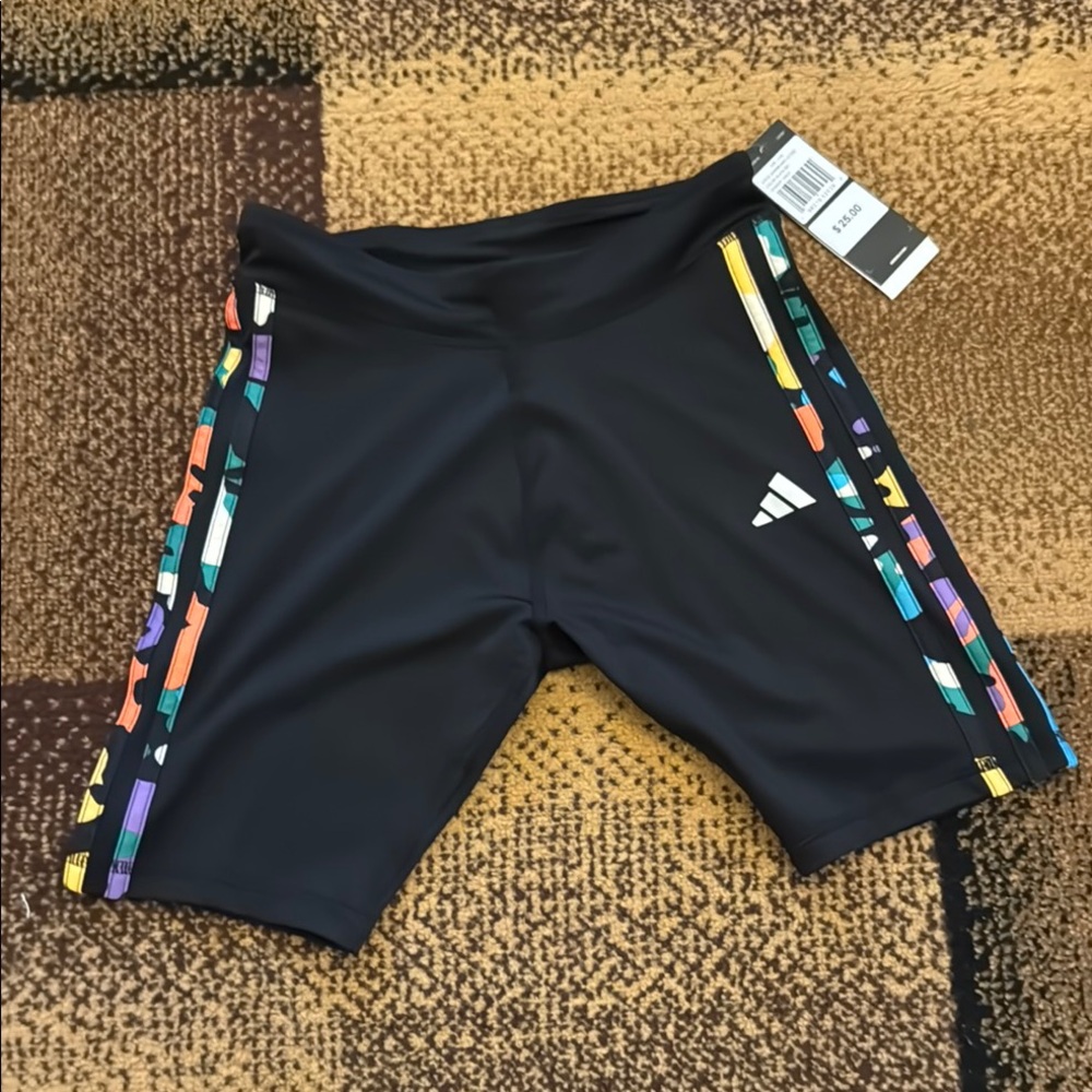 Adidas Black Shorts with Multicolor Geometric Stripes